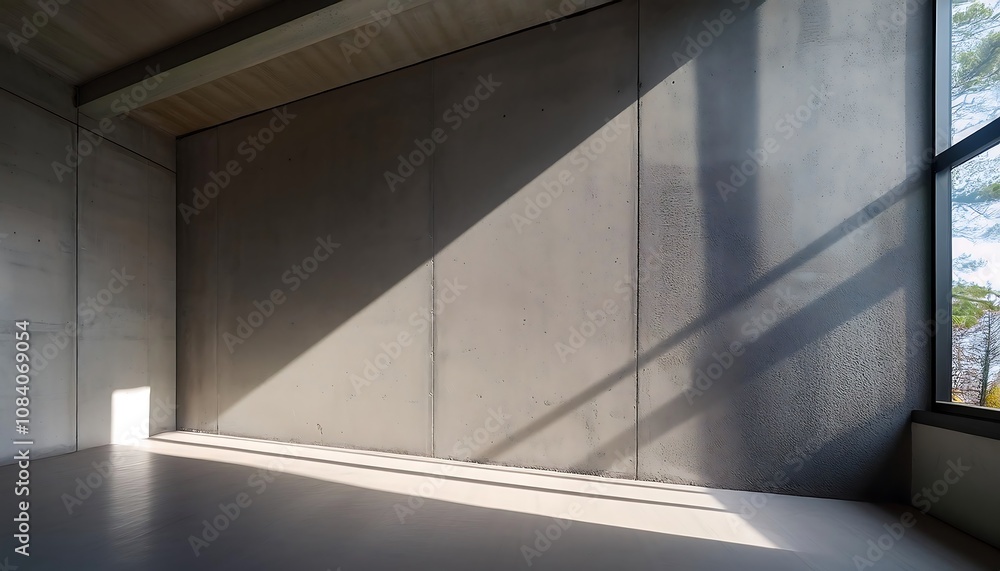 Poster a concrete wall with soft sunlight filters in through a narrow window, creating sharp lines_1(37)