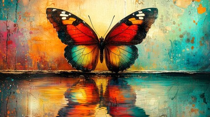 Obraz premium A colorful butterfly sitting on top of a body of water