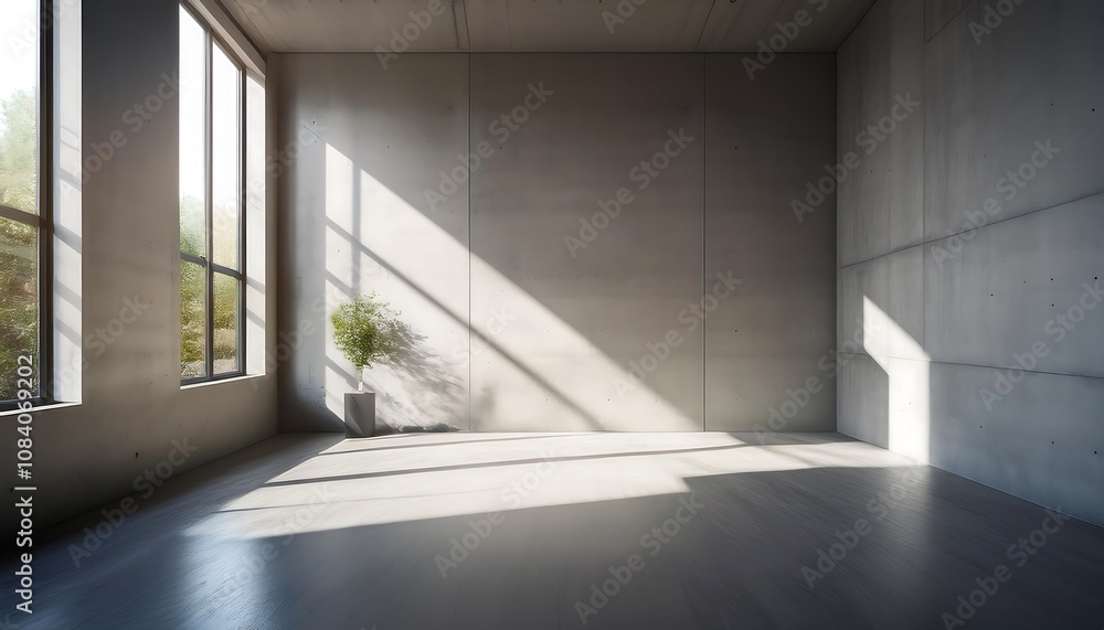 Poster a concrete wall with soft sunlight filters in through a narrow window, creating sharp lines_1(39)