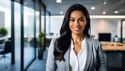 Fototapeta premium A confident Hispanic woman stands in a modern glass office with sleek décor and furnitu_1(44)