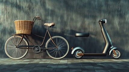 A vintage bicycle with a wicker basket sits next to a modern electric scooter, representing past and present modes of transportation. old vs new generation