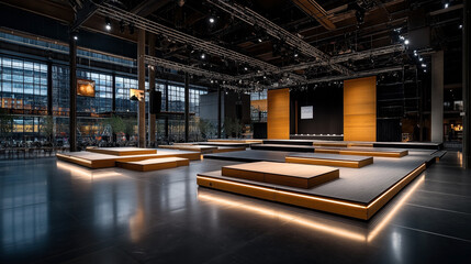 Spacious modern event venue with modular stage platforms and ambient lighting in industrial-style interior with large windows and exposed beams.