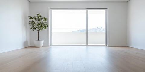 Fototapeta premium Empty modern room with large windows and a potted tree overlooking a scenic view during daytime