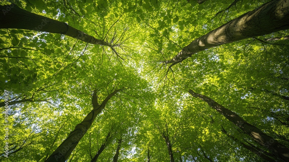 Poster a low angle view of a forest canopy with sunlight filtering through the leaves.