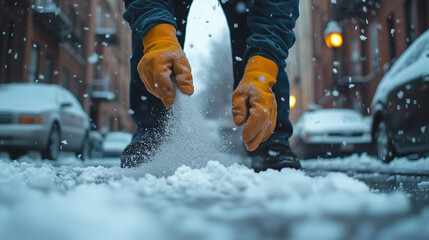 City worker wearing gloves spreads salt on a slippery, icy sidewalk during winter, helping prevent accidents and ensuring pedestrian safety in snowy conditions