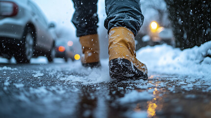 City worker wearing gloves spreads salt on a slippery, icy sidewalk during winter, helping prevent accidents and ensuring pedestrian safety in snowy conditions