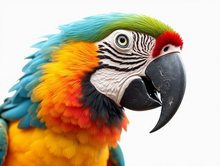 Fototapeta premium Majestic colorful macaw parrot with vibrant, multicolored feathers, gracefully perched and isolated on a clean white background, perfect for tropical, exotic design projects and nature themes