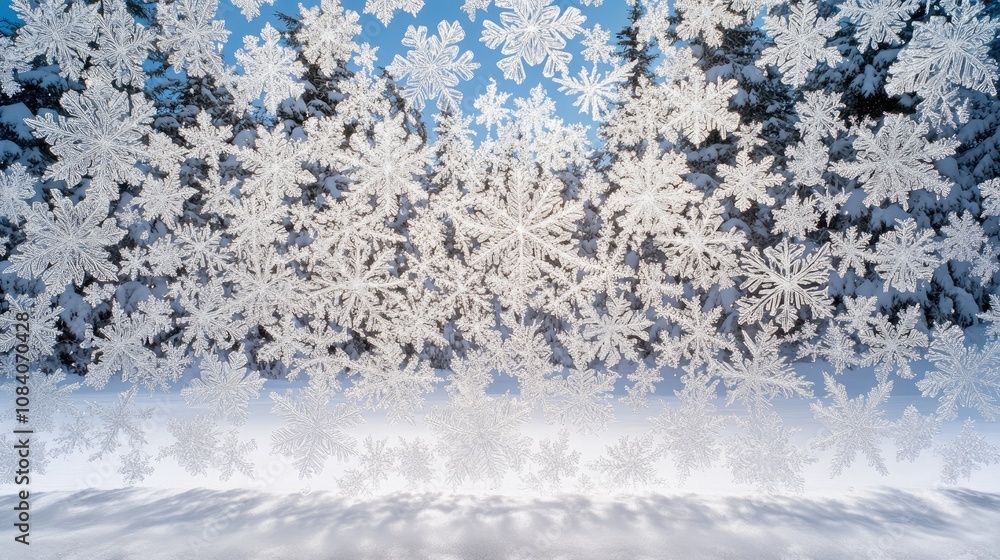 Poster abstract winter background with frost patterns on a blue sky and snow.