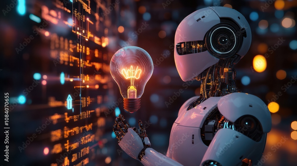Poster artificial intelligence holding creative light bulb with growth graph and innovative ai icons. lever