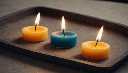 Three colorful candles burning with a warm and cozy atmosphere on a tray