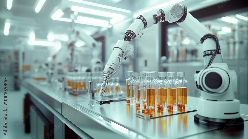 Poster automated pharmaceutical testing lab. a modern laboratory equipped with automated robotic arms testi