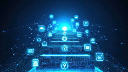A visualization of ascending digital stairs illuminated by glowing icons, representing technology, innovation, and connectivity in a futuristic environment.