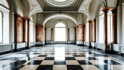 Fototapeta premium Grand ornate hallway, baroque architecture, checkered marble floor, arched windows, symmetrical composition, long corridor perspective, elaborate moldings, chandeliers, classical interior design, natu