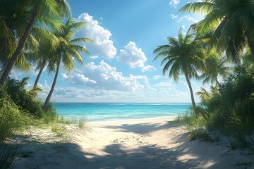 Obraz premium Palm Trees Frame Pathway to Blue Ocean Horizon