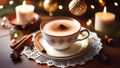 Fototapeta premium A delicate teacup is filled with warm chai latte, topped with ground cinnamon and placed on_1(63)