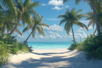 Fototapeta premium Palm-Lined Path to Tranquil Beach Paradise