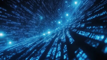 Obraz premium Blue binary code background with glowing lights and data flowing, technology concept