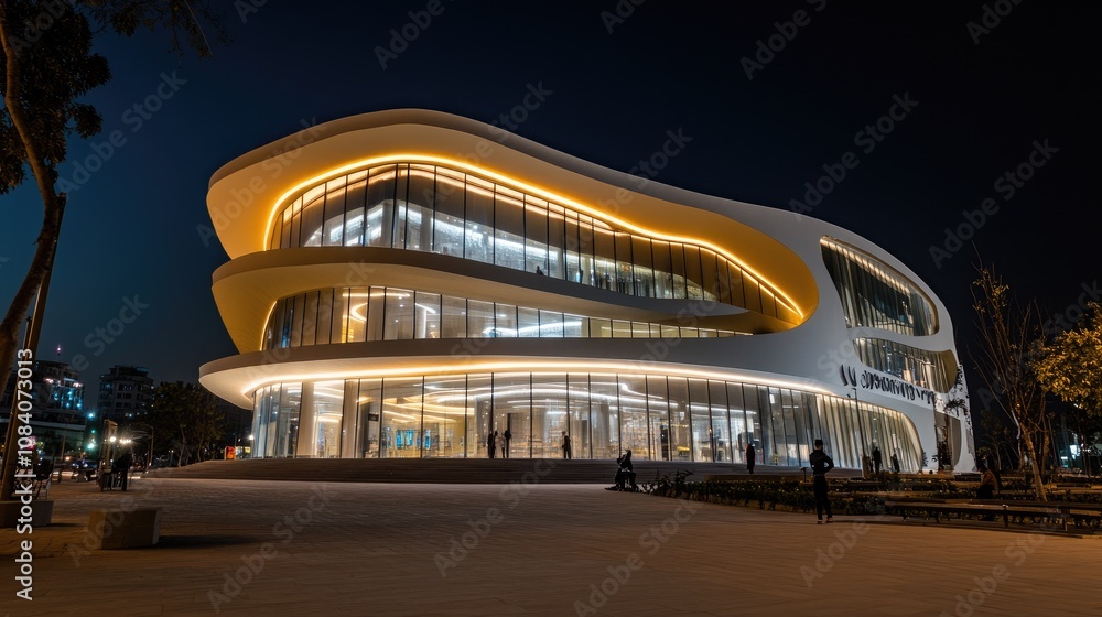Poster here's a possible and keyword list for your image.. modern, illuminated waterfront building at night