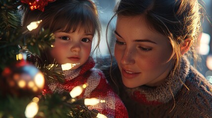 Christmas portrait of mother helping her child decorated Christmas tree