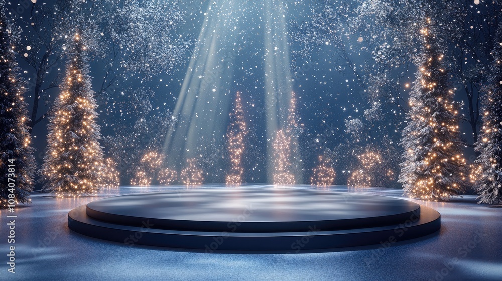 Poster a circular platform with snowy trees and light beams in a winter wonderland setting.