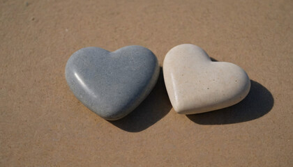 Two heart-shaped stones in different colors on a light background with a minimalist and romantic atmosphere