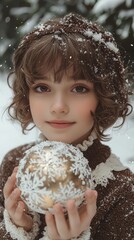 Naklejka premium A little girl holding a christmas ornament in the snow