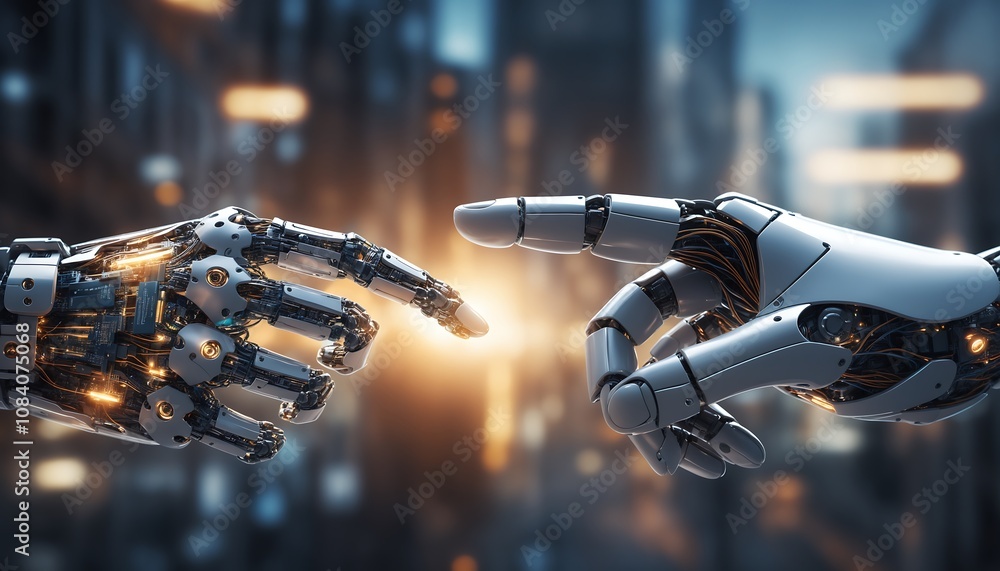 Poster two robots unite through a delicate touch, symbolizing the power of technology togetherness