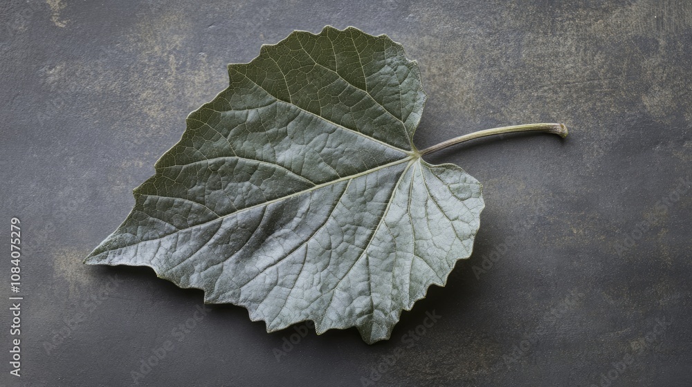 Poster here's a description and keywords for the image.. single, dark green leaf on a textured, dark brown 