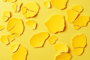 Egg and egg shell concept. Bright yellow paper peelings scattered on a textured surface, creating an abstract, artistic arrangement with a cheerful, vibrant tone.