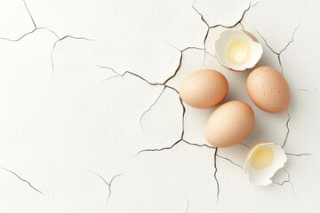 Egg and egg shell concept. A cluster of cracked eggs on a textured surface, with one eggshell broken, suggesting freshness and new beginnings.