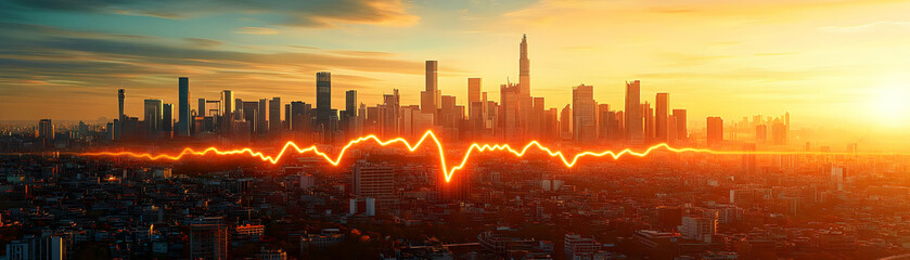 Naklejka premium City skyline with heartbeat line overlay and copy space concept as Glossy image featuring a city skyline with a heartbeat line overlay symbolizing the vitality and resilience of cyber secure cities; a