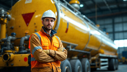 Worker in protective gear near an industrial tanker truck, emphasizing safety and readiness.