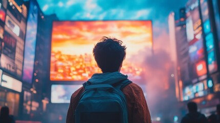 Behind him, a boy stands in the capital looking at a large advertising screen.