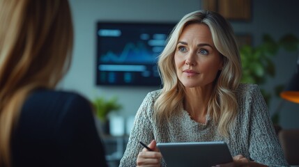A female financial advisor consulting with a client in a well-lit office, explaining investment options using a digital tablet. The client listens attentively while taking notes.