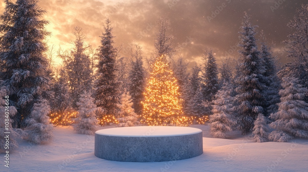 Poster a snowy winter forest scene with a circular stone platform in the foreground, surrounded by snow-cov