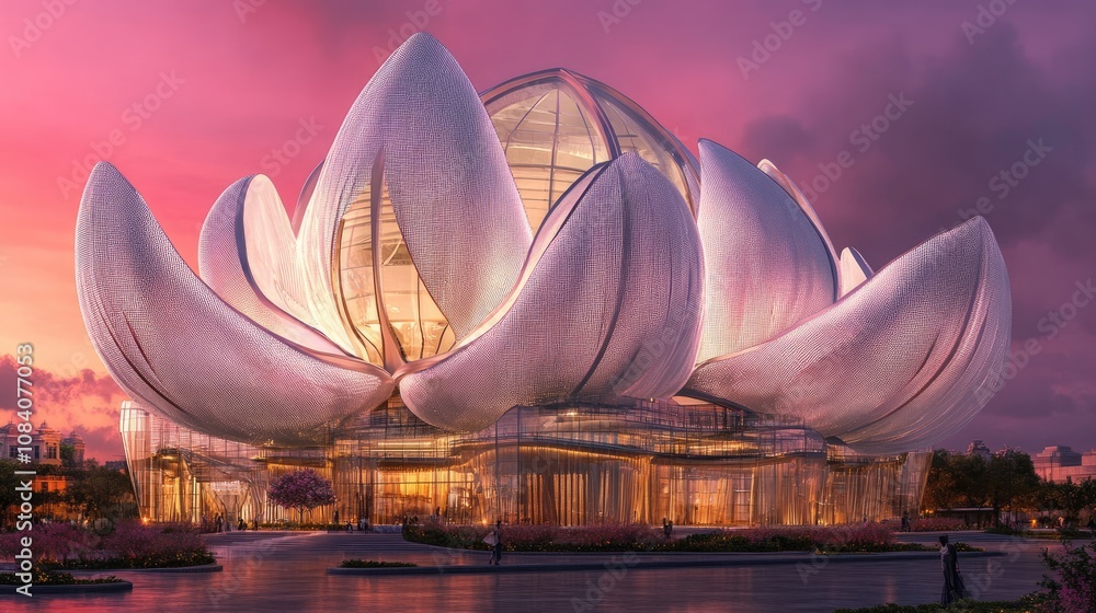 Poster here's a possible and keyword list for your stock photo.. futuristic lotus-shaped building at sunset