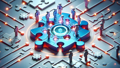 Obraz premium 3D Futuristic close up of puzzle pieces with digital interfaces being connected by team members symbolizing advanced collaboration copy space on bottom. concept as Futuristic close up of puzzle pieces