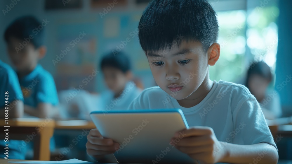 Poster focused asian school boy using digital tablet at class in classroom. attentive junior school student