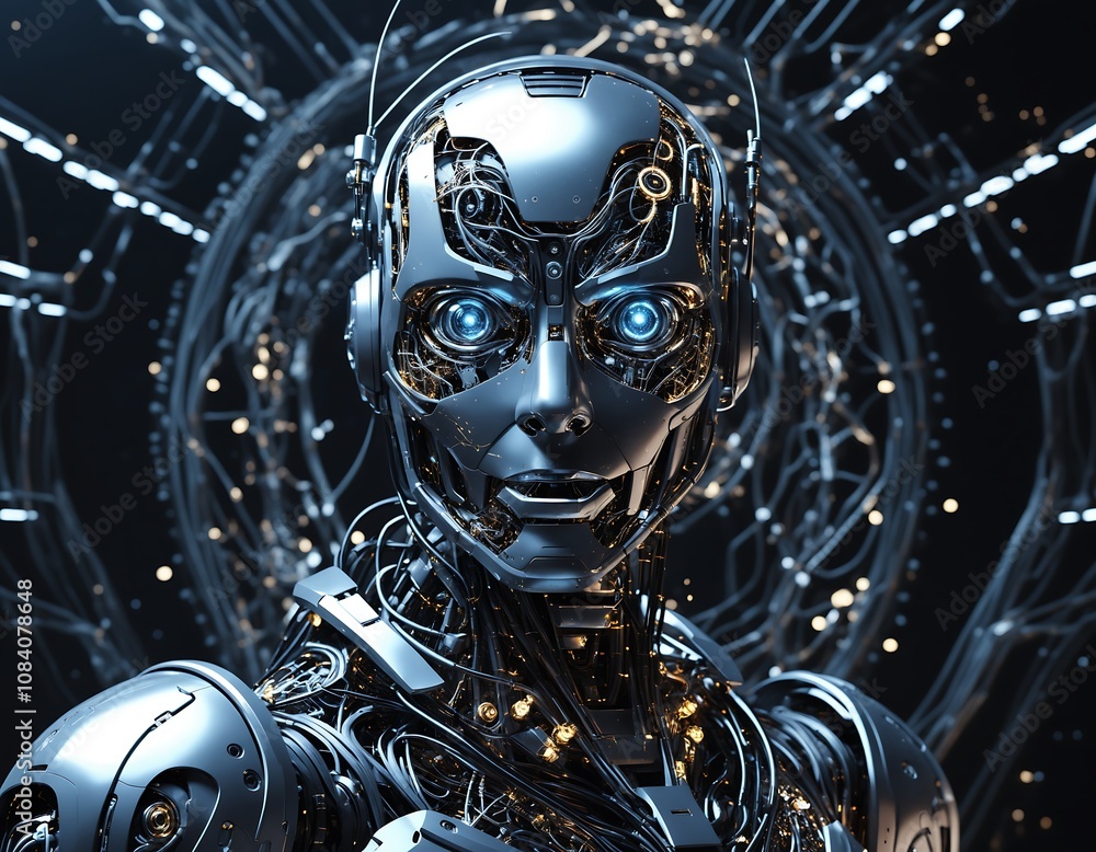 Aufkleber female robot face representing advanced artificial intelligence, powered by generative ai