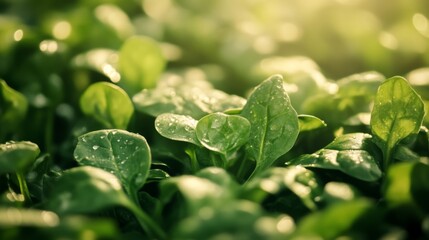 Close-up of Fresh Spinach Leaves with Dew Drops