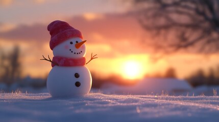 Fototapeta premium Charming Snowman in a Winter Wonderland Sunset