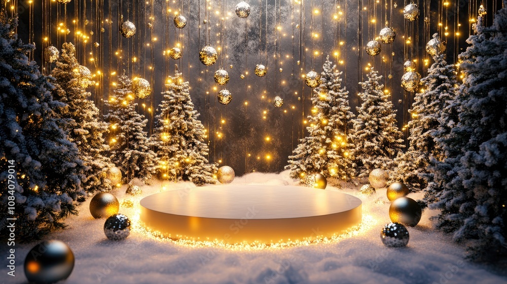 Poster a snowy forest scene with a round platform in the center, surrounded by pine trees and glistening or