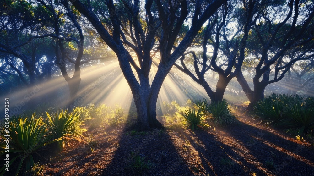 Poster sunbeams shining through trees in a misty forest.