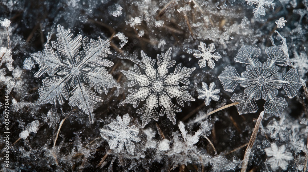 Poster a close-up view of intricate snowflakes frozen in ice, showcasing their delicate and symmetrical pat