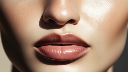 Fototapeta premium Close-up, glossy lips, realistic skin texture, detailed pores, matte skin, neutral tones, soft lighting, high detail, beauty shot, macro photography, photorealistic, 8k resolution, beauty advertisemen