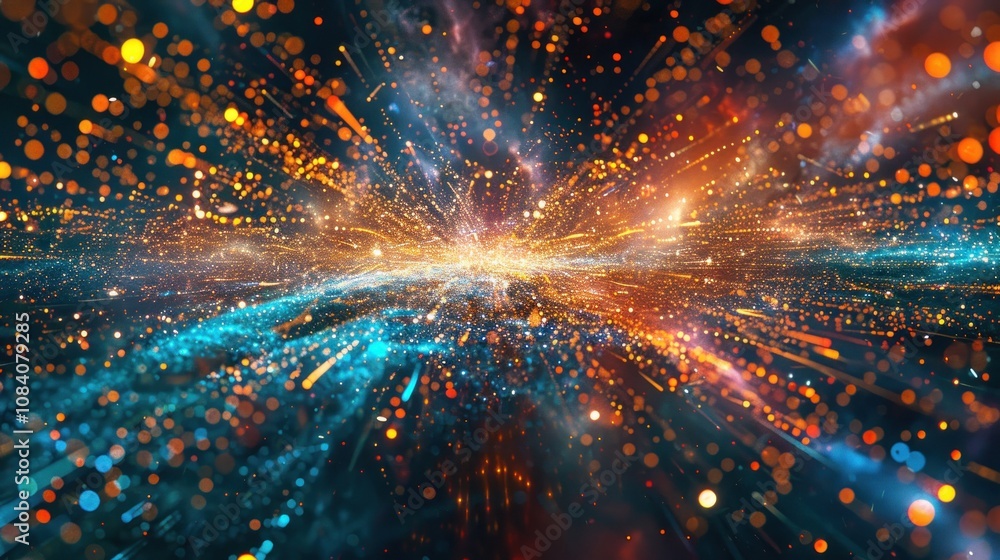 Poster abstract background with glowing lines and particles, with a focus on the center of the image.