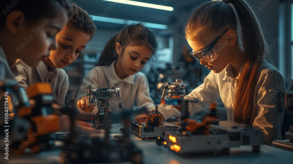 Aufkleber group of multiethnic schoolkids interacting using gadgets for programming for robotics engineering c