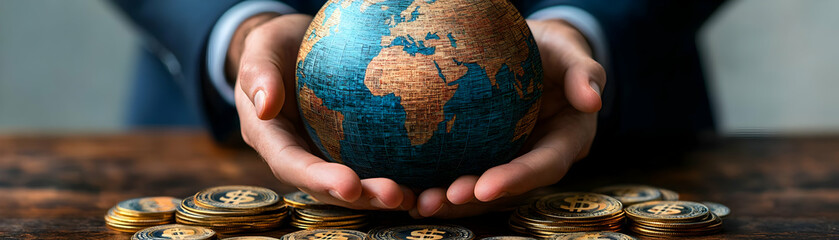 Businessman holding globe with financial symbols with copy space concept as A candid shot of a businessman holding a globe adorned with financial symbols symbolizing global environmental growth and fi