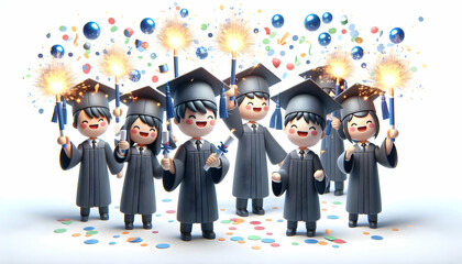 Obraz premium 3D Graduates celebrating with sparklers and confetti at ceremony copy space on side. concept as Joyful graduates celebrating with sparklers and confetti during a ceremony symbolizing achievement and f