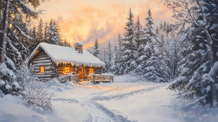 A cozy log cabin with snow-covered roof sits in a snowy forest at sunset, with a path leading to it.